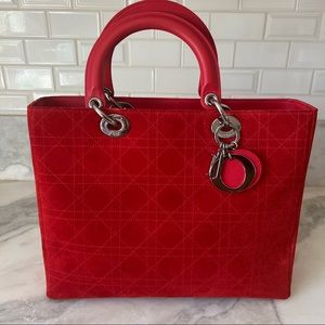 Christian Dior Red Suede Lady D Bag w wallet set